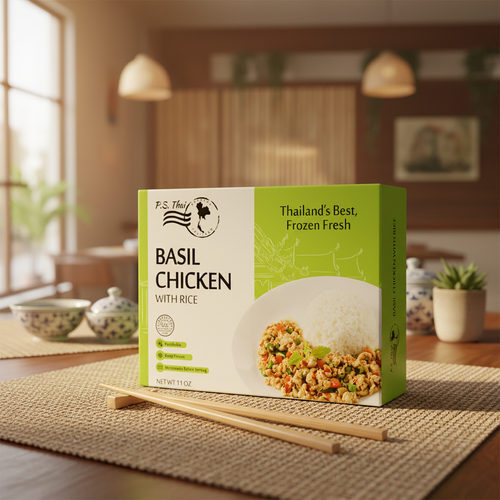 Basil Chicken with Jasmine Rice in restaurant setting