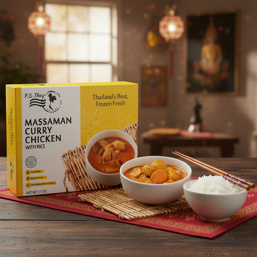 Massaman Chicken with Jasmine Rice in restaurant setting